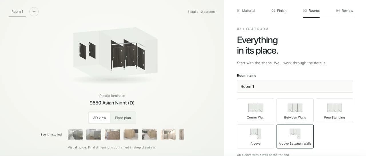 Partition Pros configurator with a 3D partition preview and room layout options