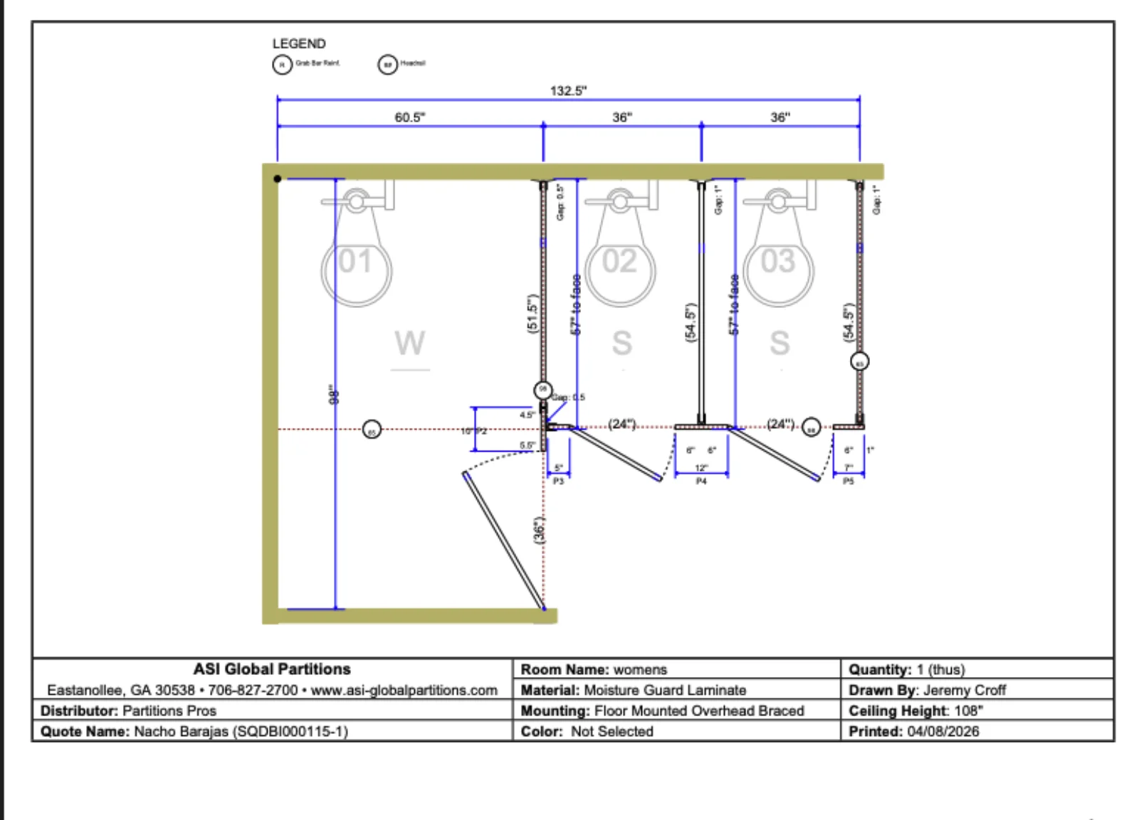 A dimensioned bathroom partition shop drawing