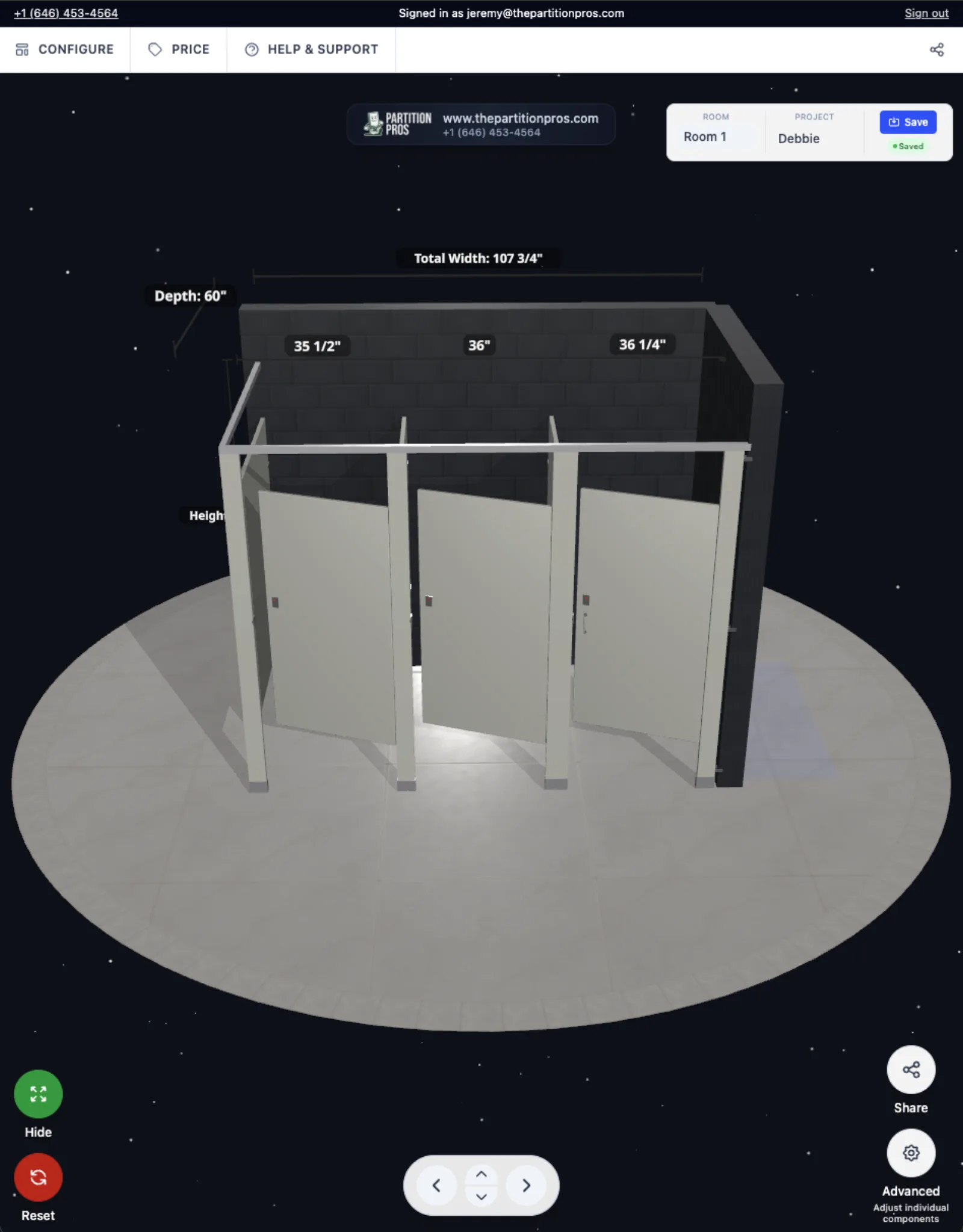 Partition Pros 3D designer tool for configuring bathroom stalls