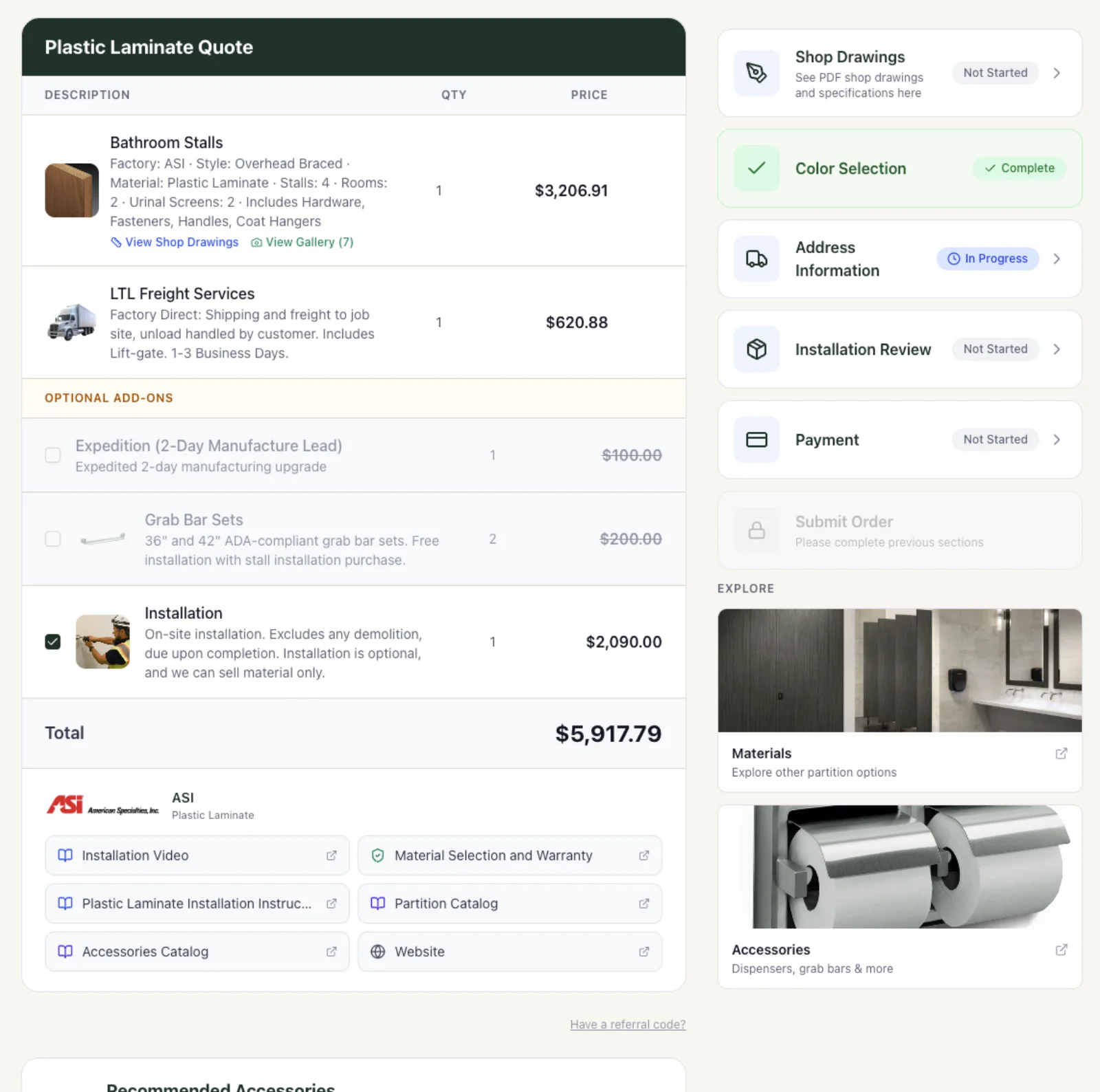 Partition Pros customer portal with live quote review and online self-checkout